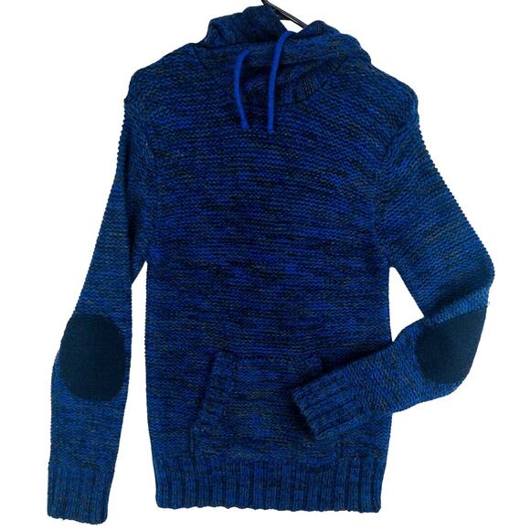 Big Smith Wool Blend Knit Hoodie Men's Large Pullover Elbow Pads High Neck Blue - Picture 1 of 12